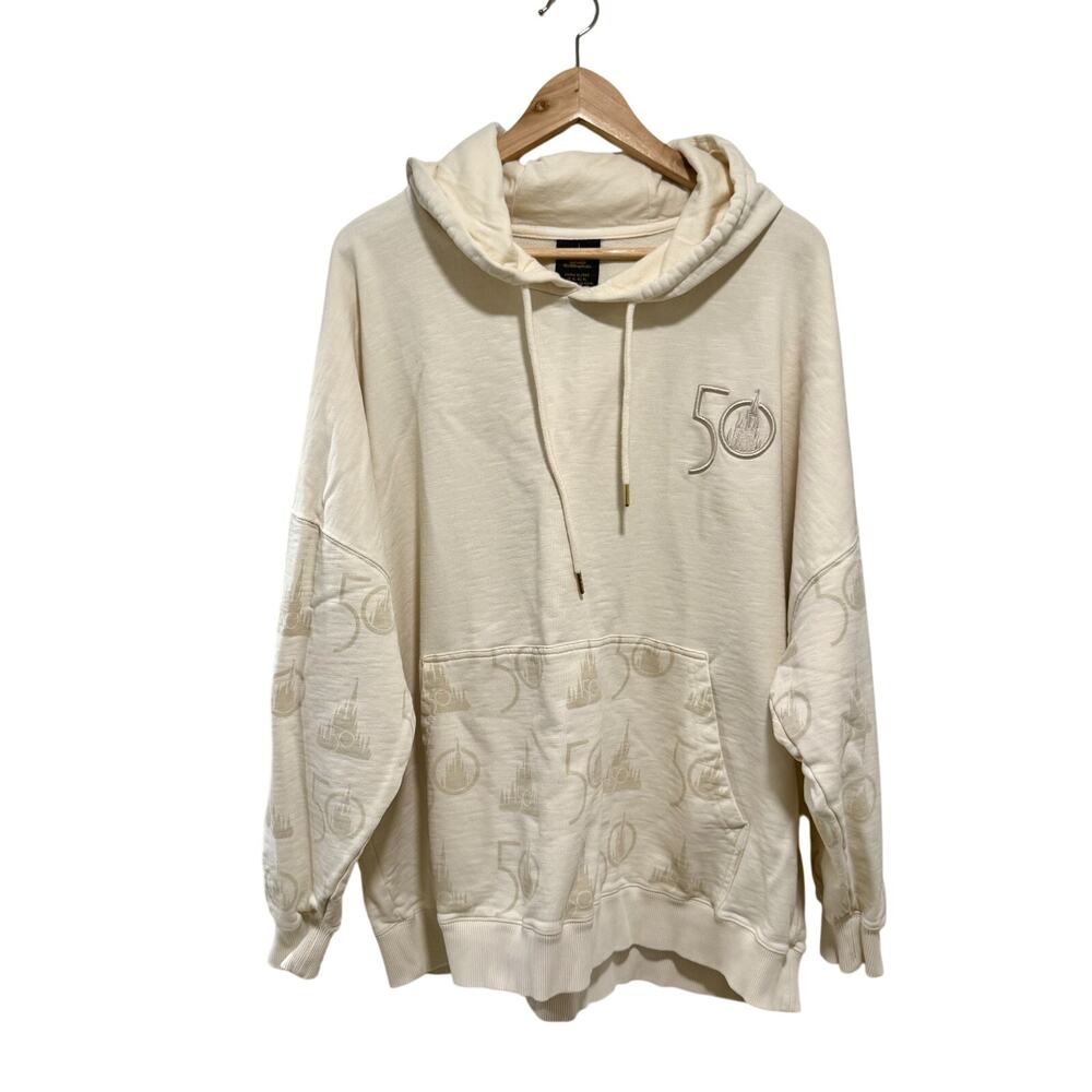 Disney World 50th Anni Hoodie XL Cream Cotton Pullover Sweatshirt Walt Disney